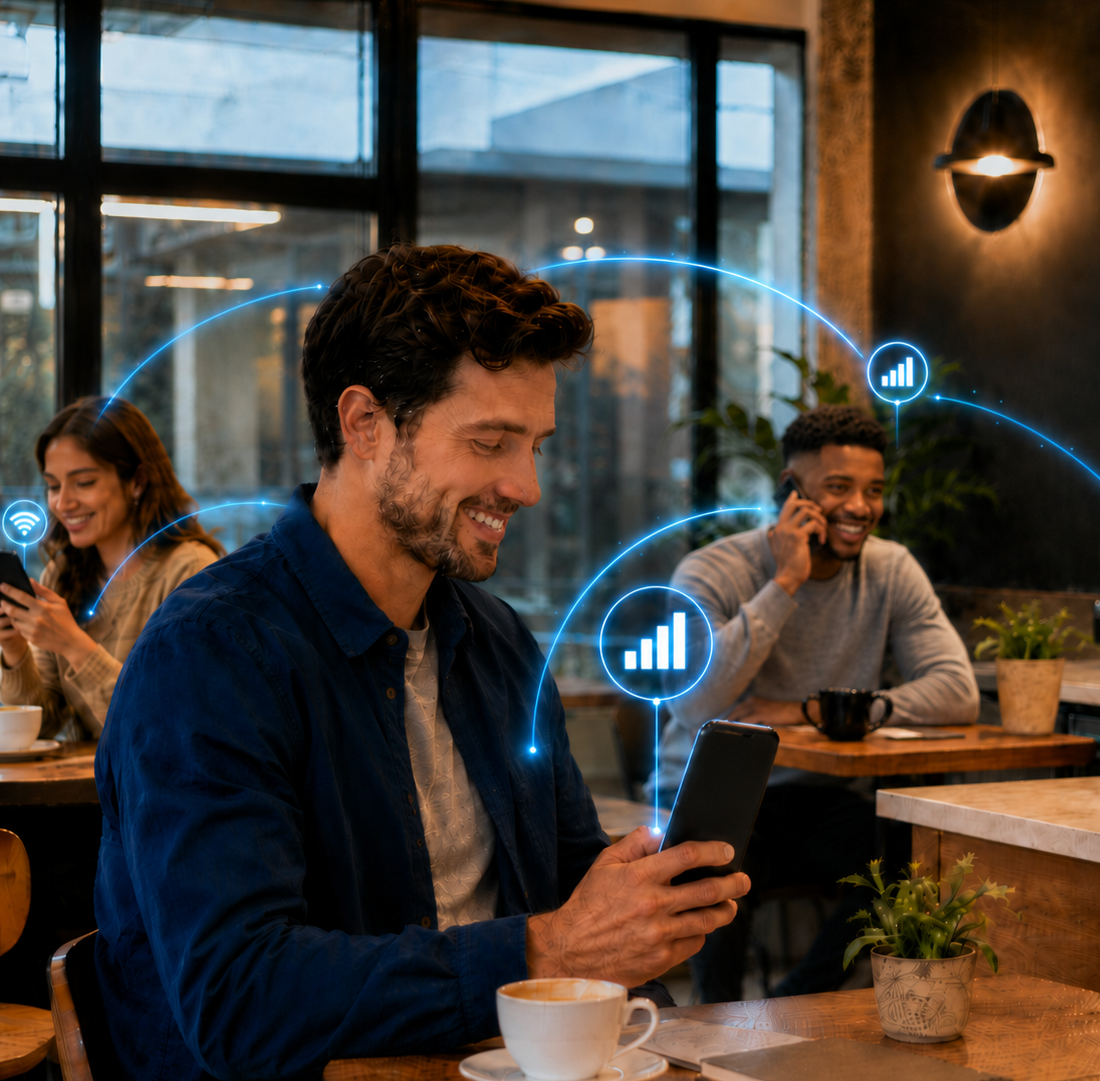 Customers connected with full signal inside a café